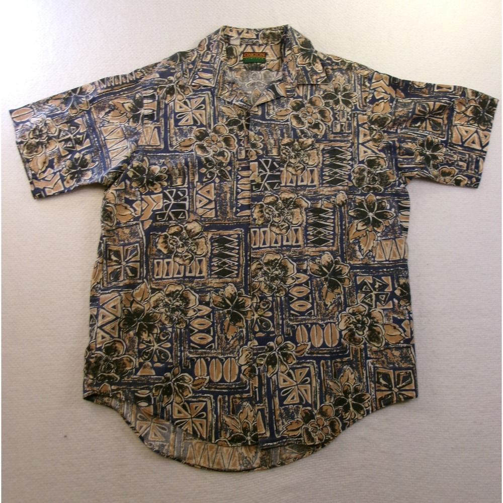 Vintage Oakton Limited Mens Large Blue Tan Tropical Floral Cotton Shirt USA Made